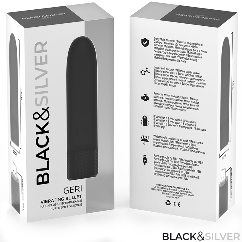 BLACK &amp; SILVER - GERI USB RECHARGEABLE VIBRATING BULLET 8 VIBRATIONS BLACK 10 X 2.2 CM