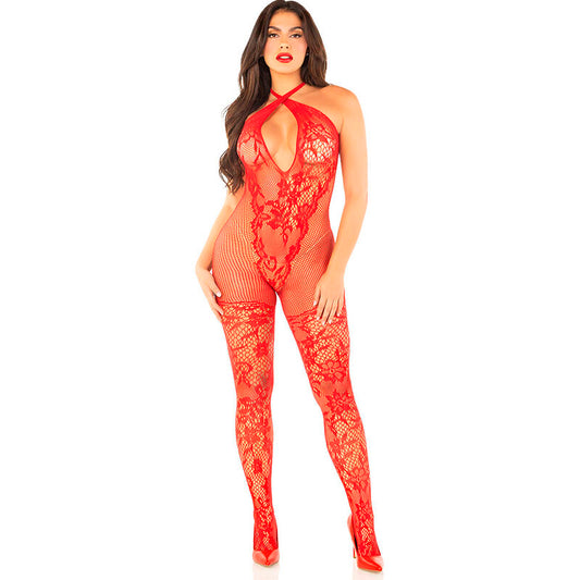 LEG AVENUE - RED FLOWER PRINT MESH BODYSTOCKING ONE SIZE