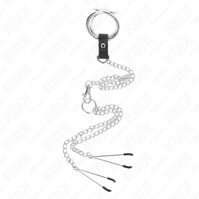 KINK - TRIPLE CHROME METAL COCK RING 3 CM TO 4.5 CM WITH 26 CM METAL CHAIN ​​AND NIPPLE CLAMPS