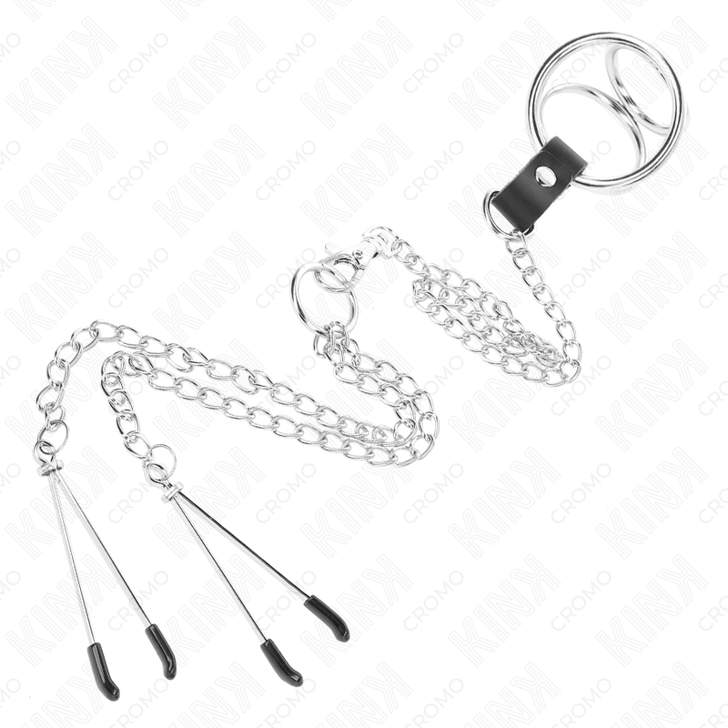 KINK - ANEL PÊNIS TRIPLO DE METAL CROMADO DE 3 CM A 4,5 CM COM CORRENTE DE METAL DE 26 CM E GRAMPOS DE MAMILOS