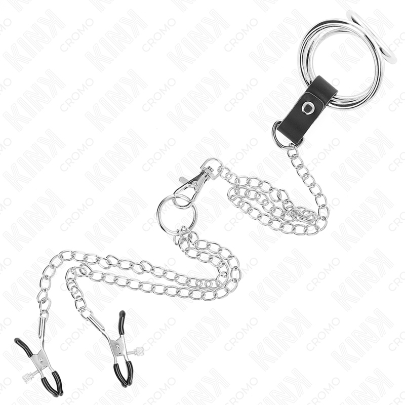 KINK - ANEL PENIANO TRIPLO EM METAL CROMADO 3,8 CM A 5 CM COM CORRENTE DE METAL DE 26 CM E GRAMPOS DE MAMILOS MODELO 1