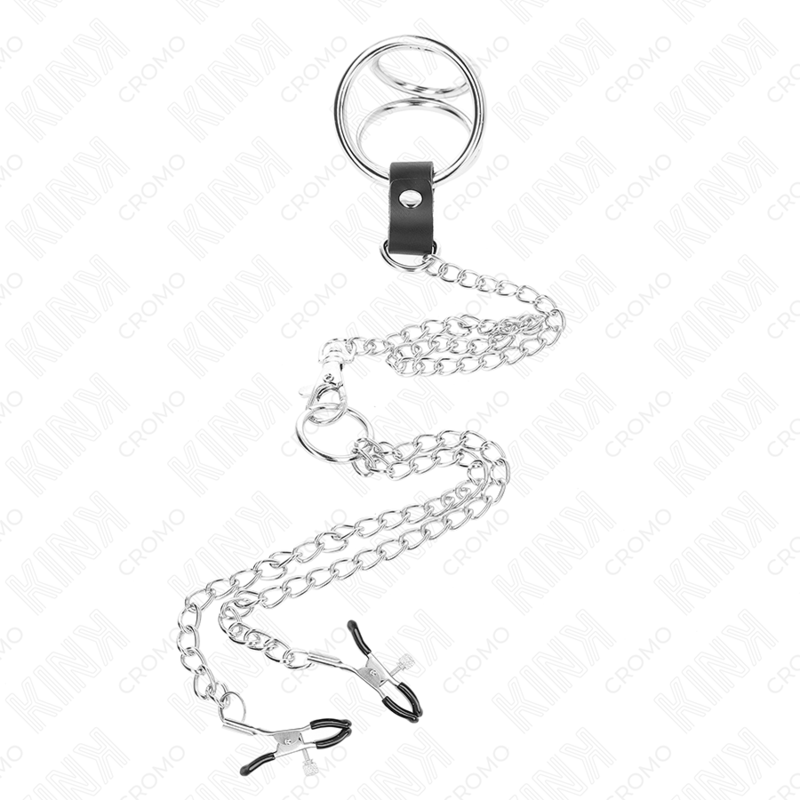 KINK - TRIPLE CHROME METAL COCK RING 3 CM TO 4.5 CM WITH 26 CM METAL CHAIN ​​AND NIPPLE CLAMPS