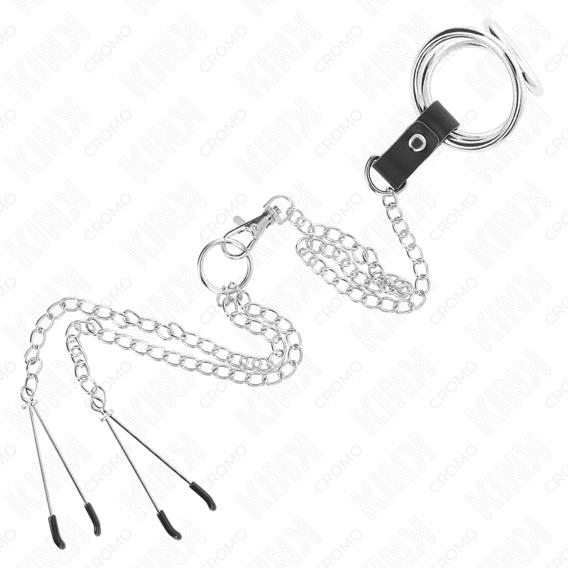 KINK - TRIPLE CHROME METAL PENIS RING 3.8 CM TO 5 CM METAL CHAIN ​​26 CM AND NIPPLE CLAMPS MODEL 2