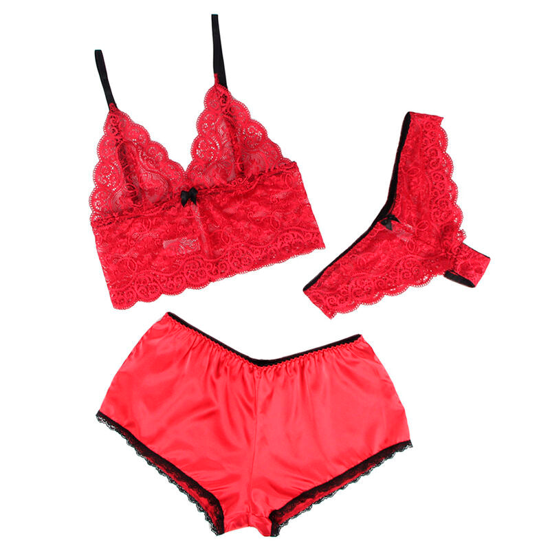 SUBBLIME - 953898 3 PIECE SET LACE AND SATIN RED S/M