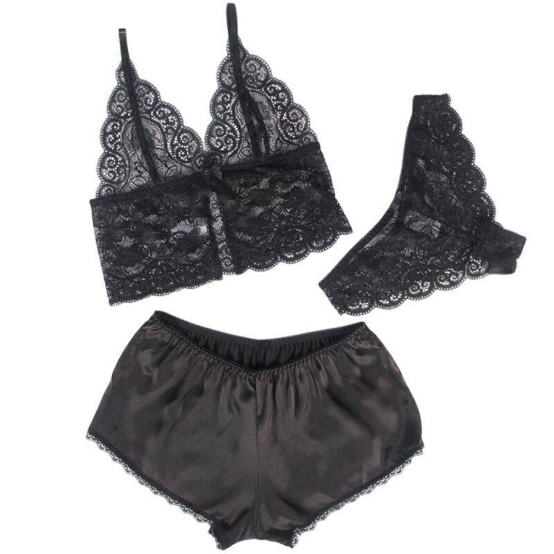 SUBBLIME - 953928 3 PIECE SET BLACK LACE AND SATIN L/XL