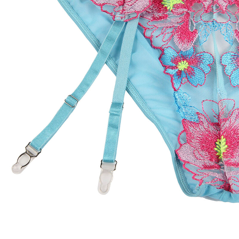 SUBBLIME - 954116 BRA + PANTIES WITH GARTER BELT BLUE FLORAL DESIGN L/XL