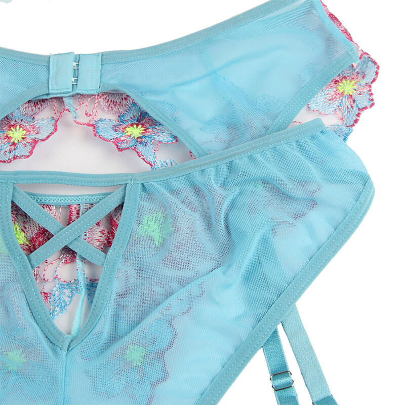 SUBBLIME - 954116 BRA + PANTIES WITH GARTER BELT BLUE FLORAL DESIGN L/XL