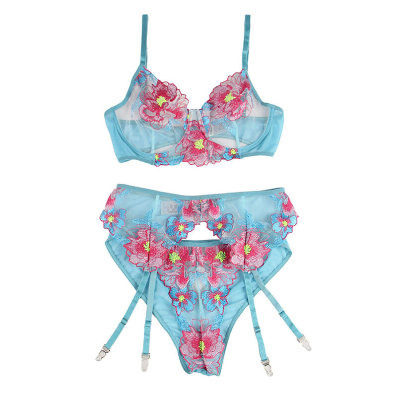 SUBBLIME - 954116 BRA + PANTIES WITH GARTER BELT BLUE FLORAL DESIGN L/XL