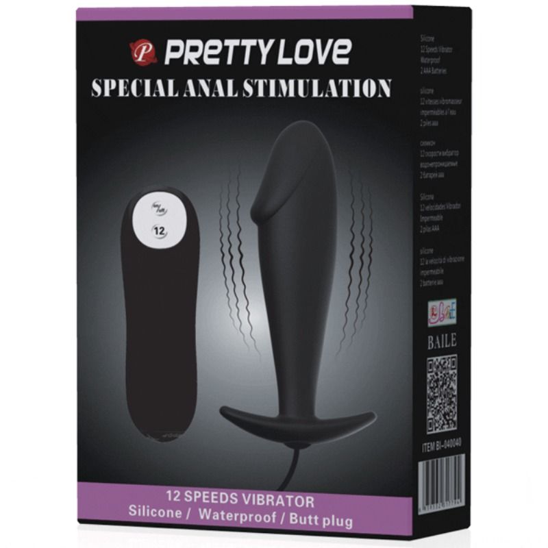 PRETTY LOVE - PLUG ANAL DE SILICONE EM FORMA DE PÊNIS COM 12 MODOS DE VIBRAÇÃO - PRETO