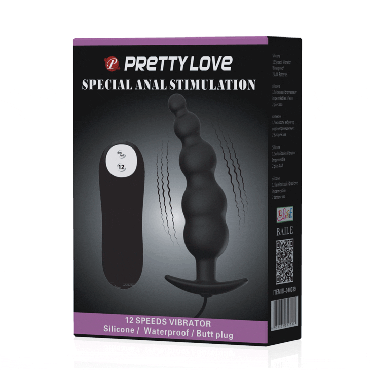 PRETTY LOVE - PLUG ANAL DE SILICONE ESTIMULAÇÃO EXTRA E 12 MODOS DE VIBRAÇÃO PRETO