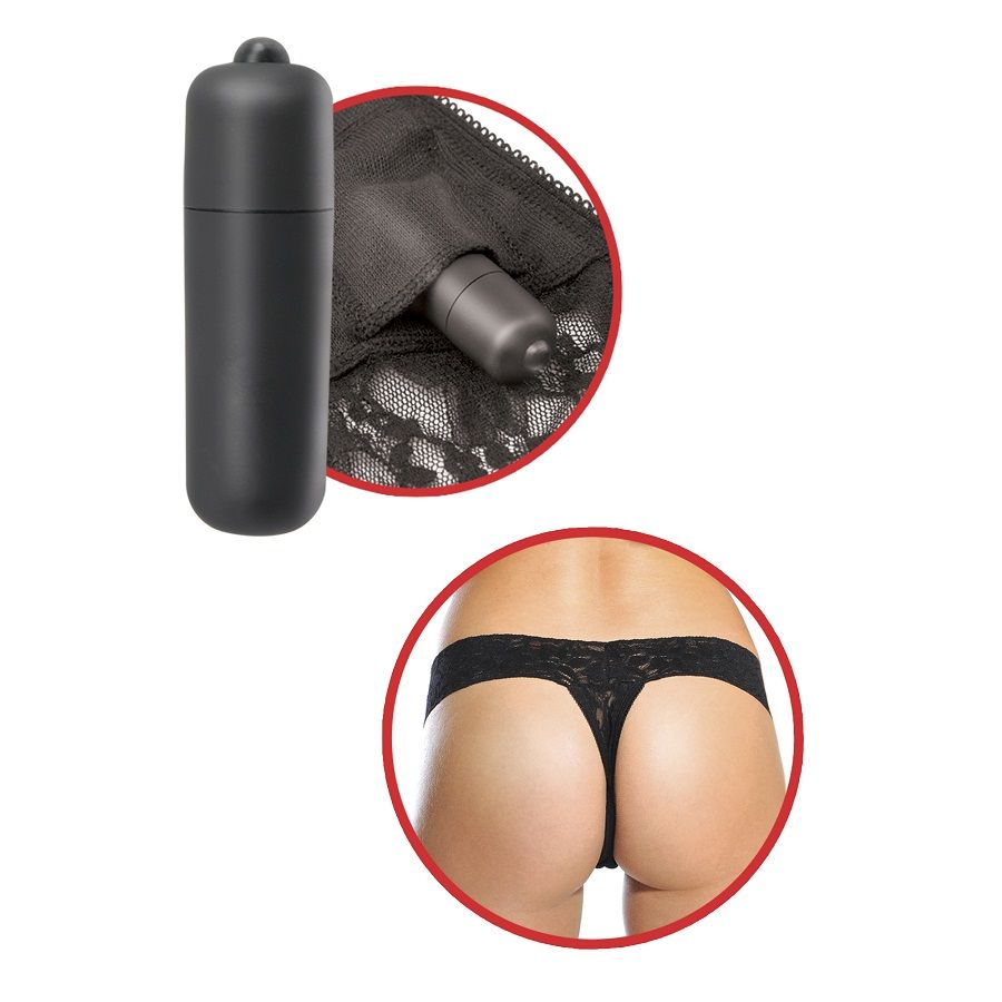 SÉRIE FETISH FANTASY - TANGA DE RENDA PRETA COM VIBRADOR