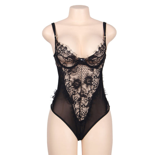 SUBBLIME - TEDDY PRETO COM RENDA FLORAL E FRANJAS TAMANHO GRANDE