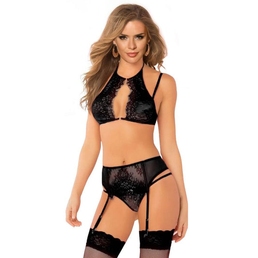 QUEEN LINGERIE - BRA + GARTER BELT AND THONG SET SIZE S/M