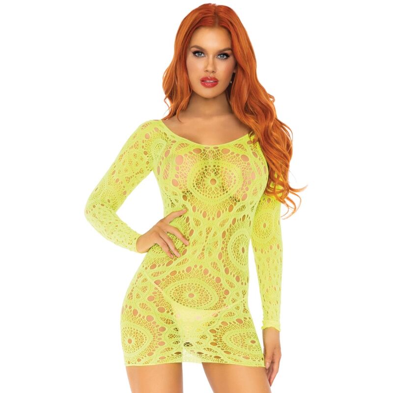 LEG AVENUE - NEON LONG SLEEVE LACE MINI DRESS ONE SIZE