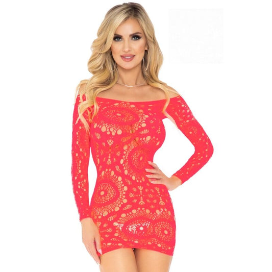 LEG AVENUE - MINI VESTIDO DE RENDA VERMELHO COM MANGAS COMPRIDAS TAMANHO ÚNICO